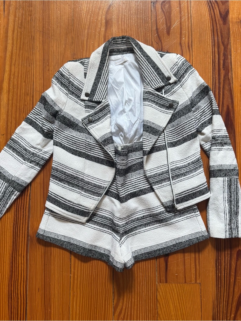 Kookai Black & White Striped Tweed Blazer and shorts set